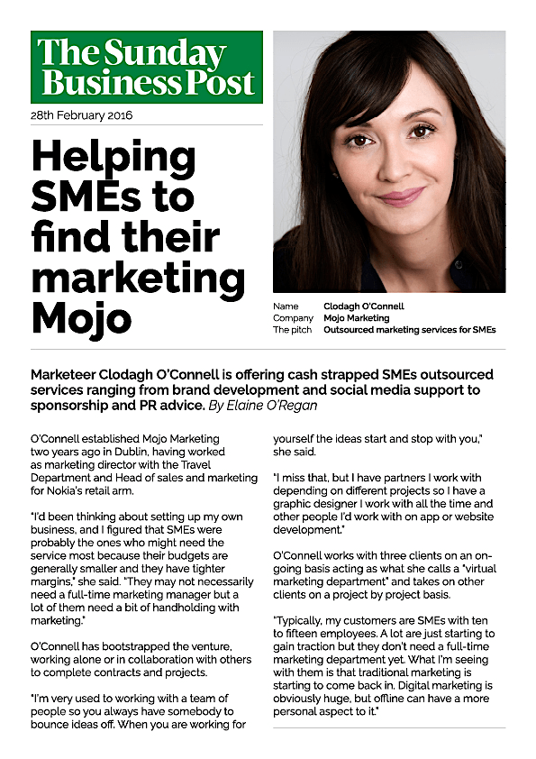sunday business post newspaper article on mojo marketing